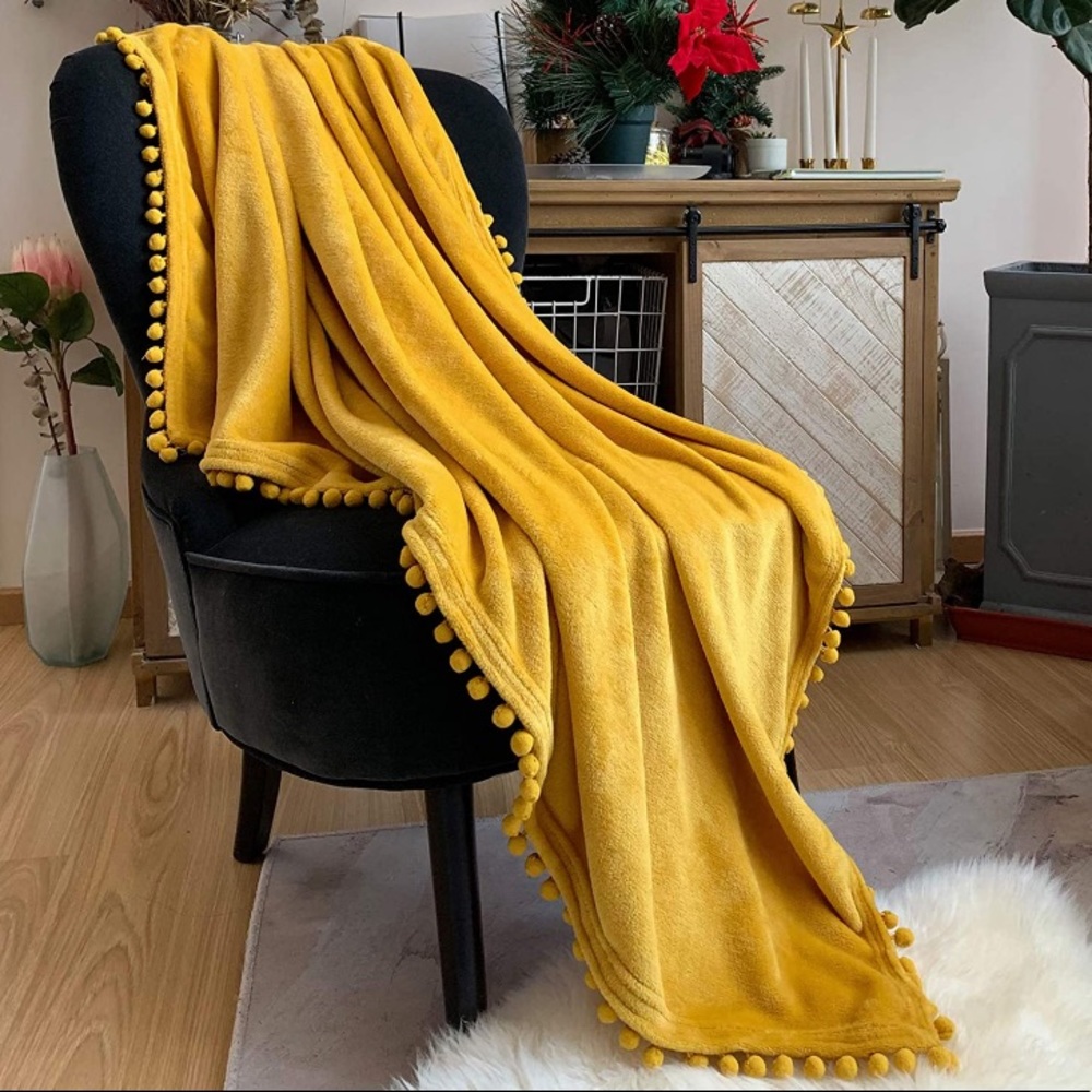 Sunflower Yellow Pompom Fringe Chic Cozy Soft Throw Blanket/Cover - Picture 1 of 16